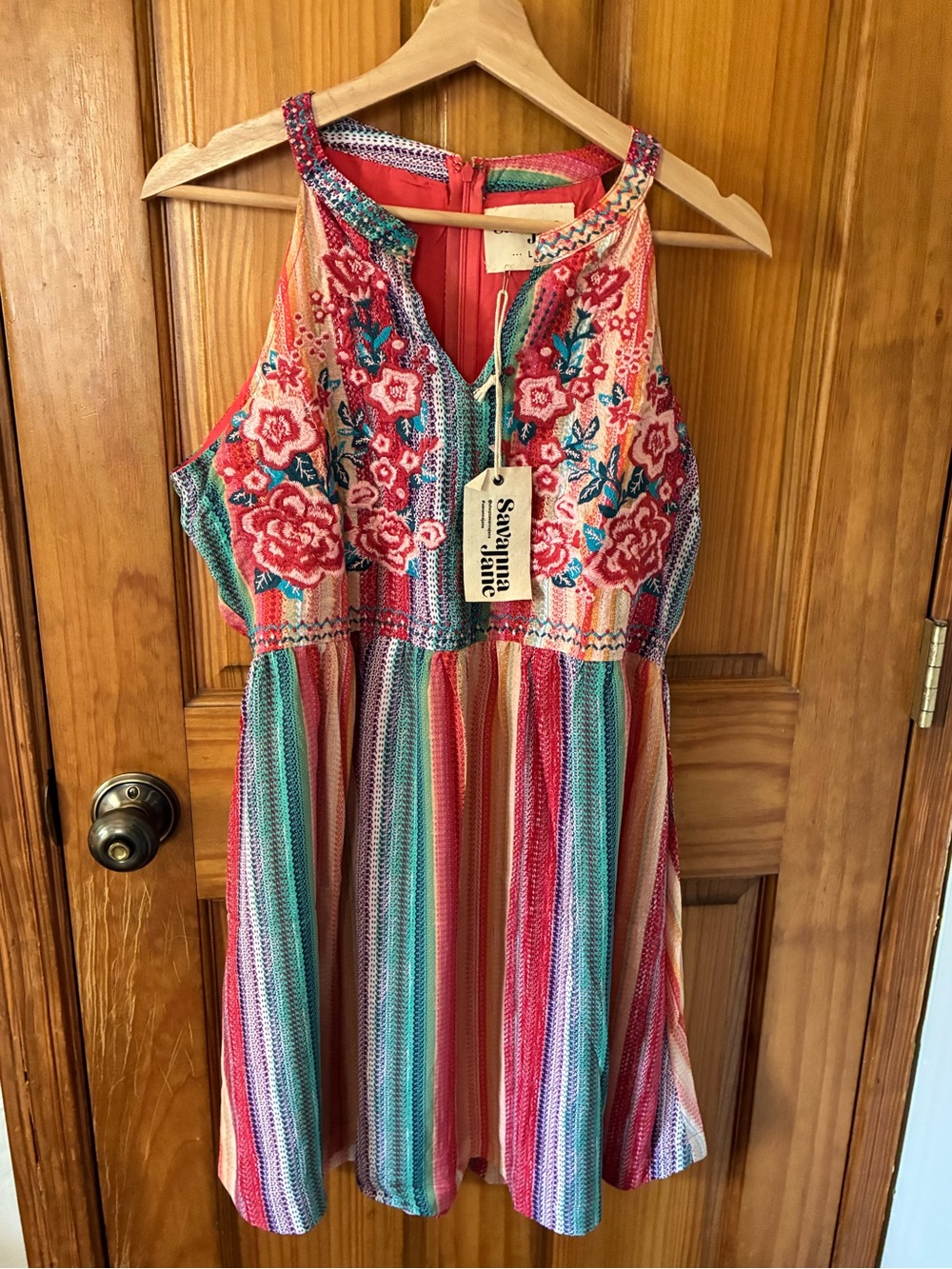 Savanna Jane Wonen’s Pink Red Teal Striped Embroidered Halter Dress